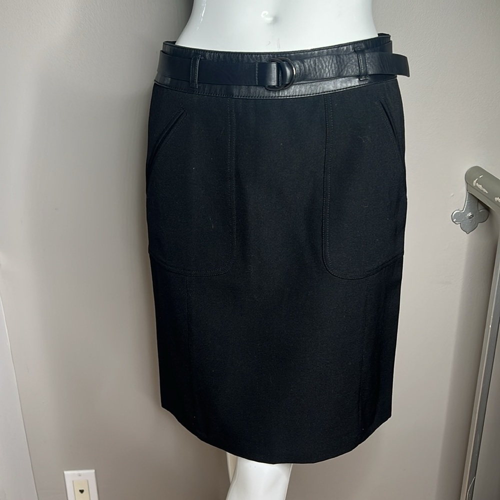 Prada Sz 38 Wool and Leather Waist & Belt Front Pocket Pencil Skirt